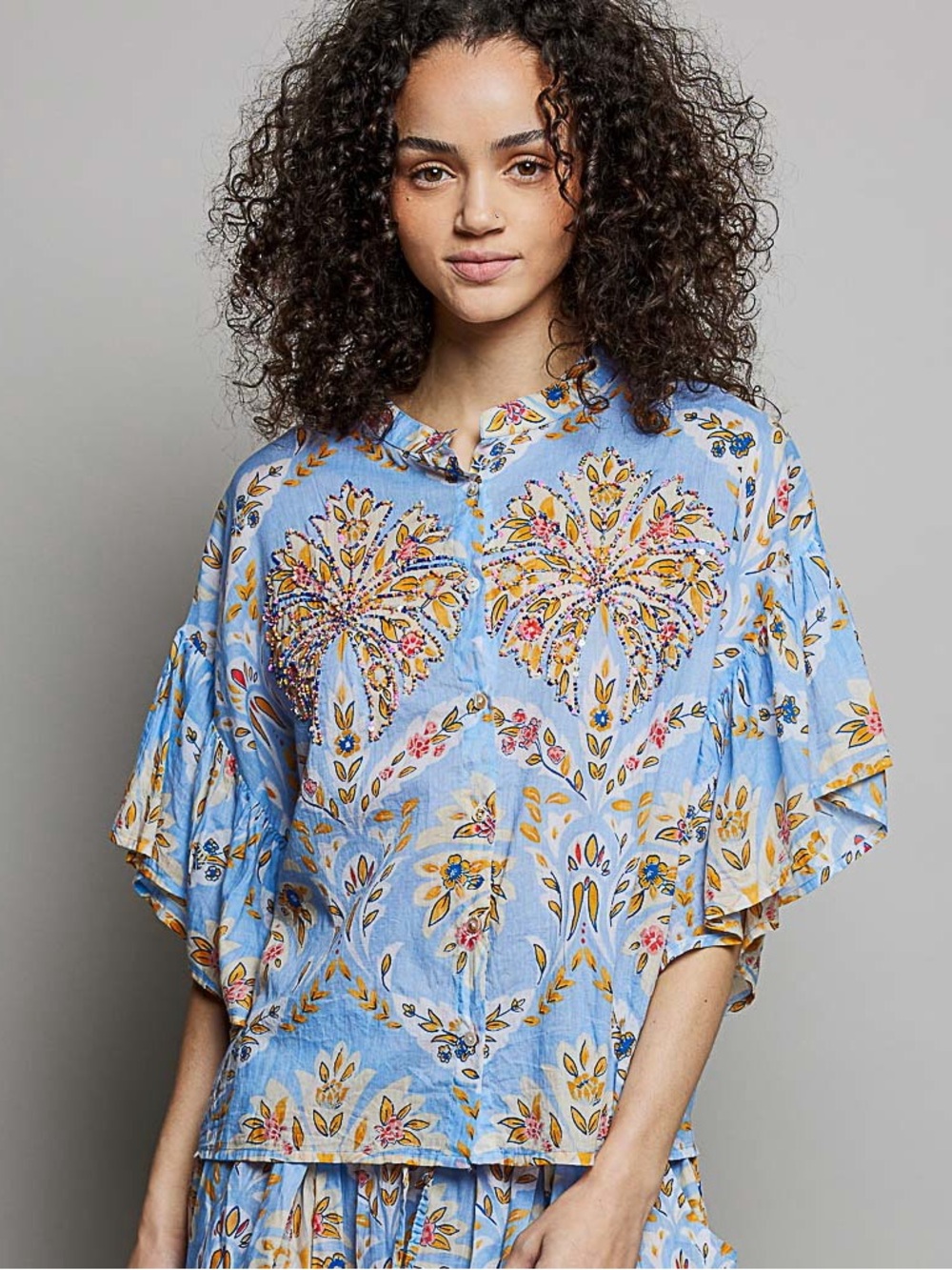 🩵Hello Gorgeous! POL Floral Printed Woven Ruffle Sleeve Shirt